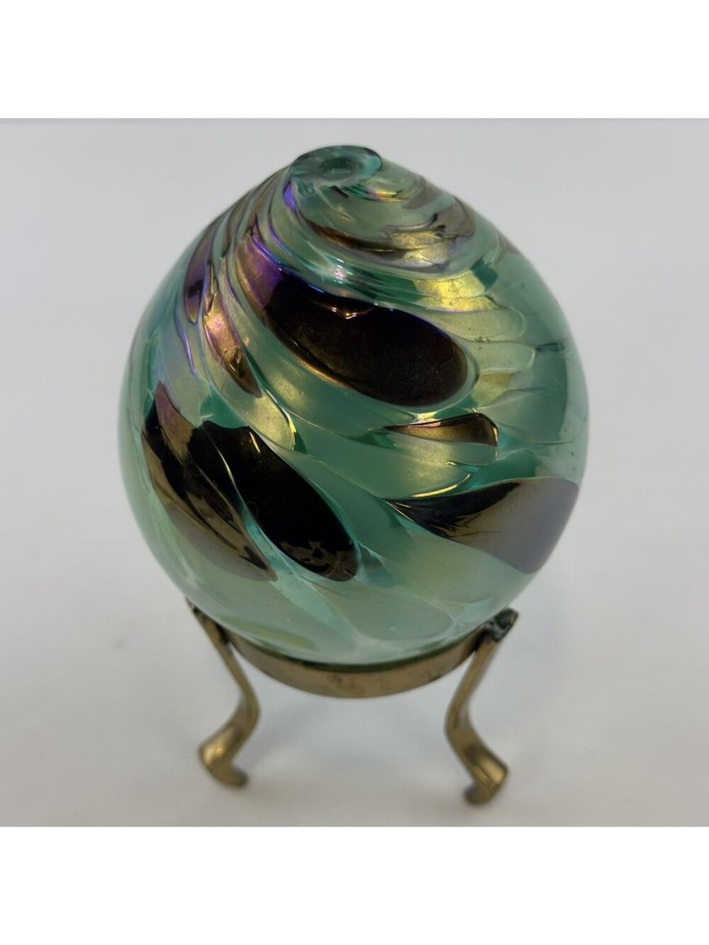 Vintage Hand-Blown Iridescent Art Glass Orb Aqua Swirl Gatco Solid Brass Stand
